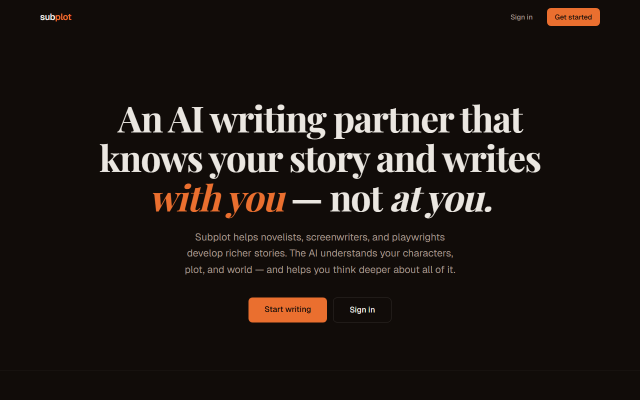 Subplot landing page — An AI writing partner that knows your story and writes with you, not at you