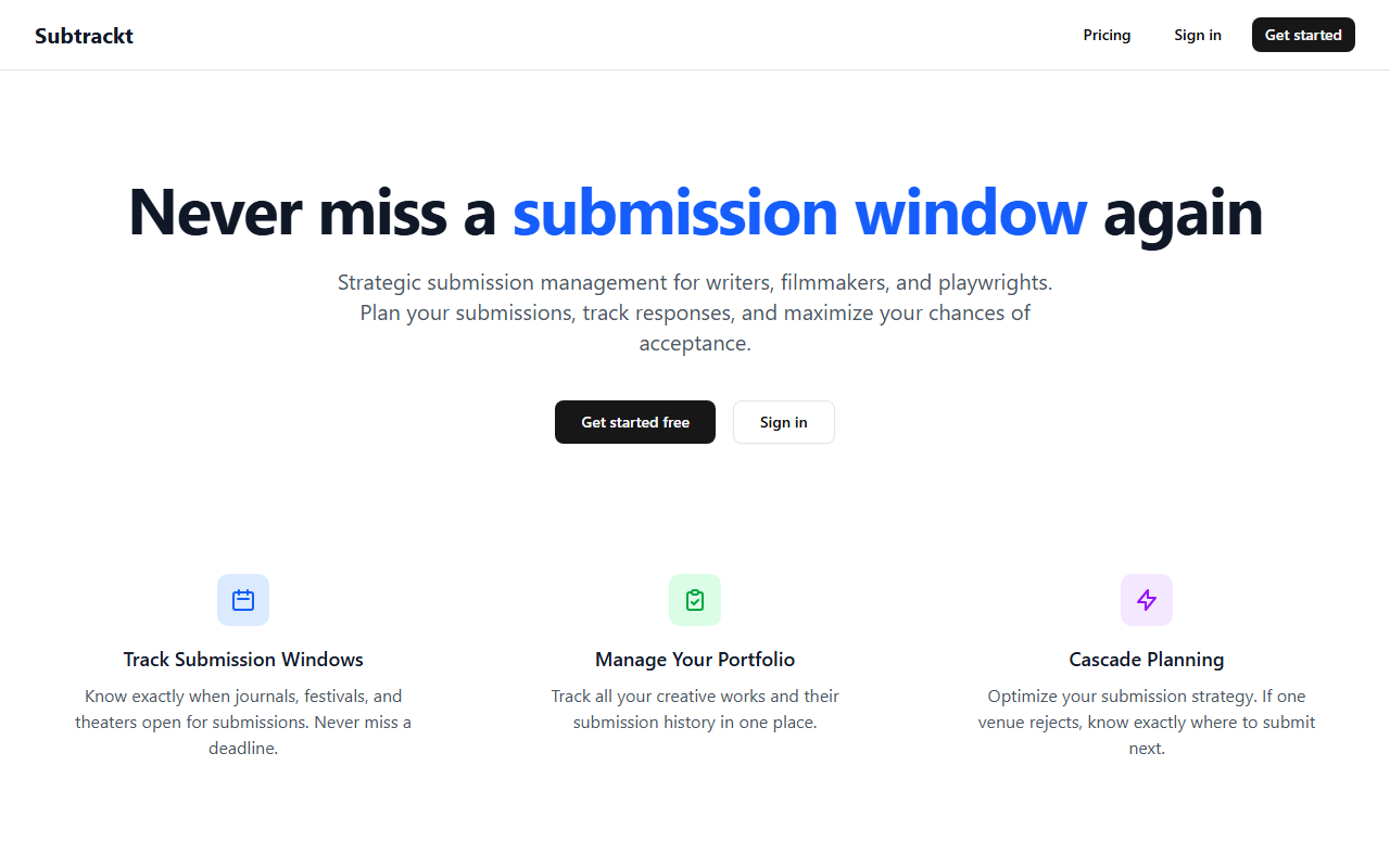 Subtrackt landing page — Never miss a submission window again